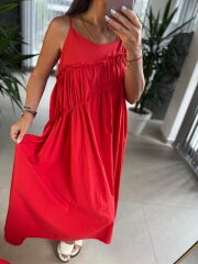 Cr 1617 Kırmızı Önden Büzgülü İp Askılı Elbise