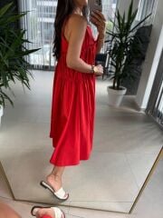 Cr 1617 Kırmızı Önden Büzgülü İp Askılı Elbise