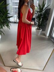 Cr 1617 Kırmızı Önden Büzgülü İp Askılı Elbise