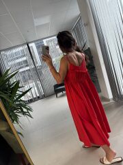 Cr 1617 Kırmızı Önden Büzgülü İp Askılı Elbise