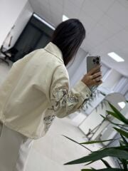 Nx 2789 Tasarım Pul Payet İşlemeli Denim Krem Ceket