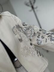 Nx 2789 Tasarım Pul Payet İşlemeli Denim Krem Ceket