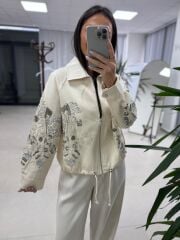 Nx 2789 Tasarım Pul Payet İşlemeli Denim Krem Ceket