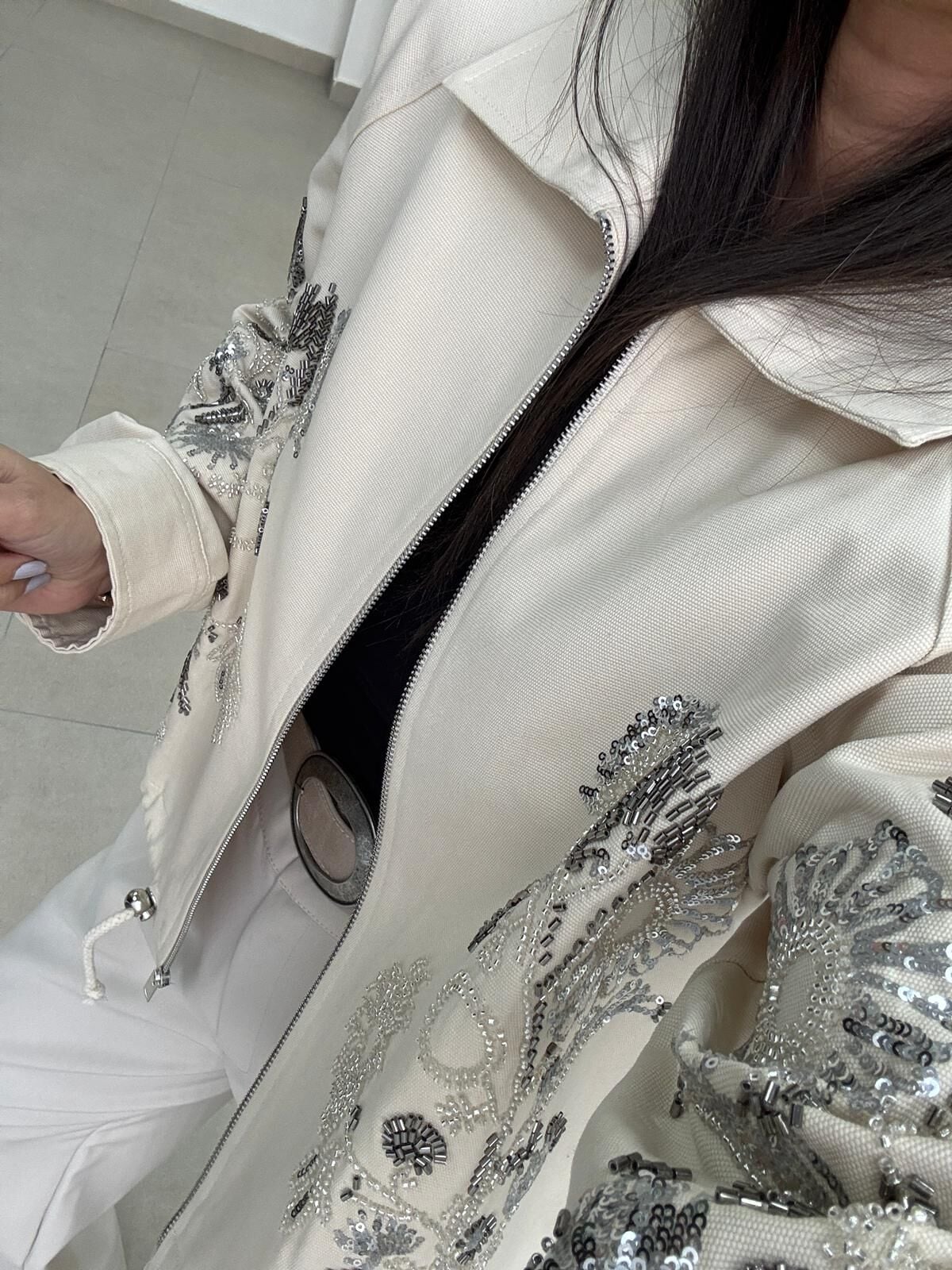 Nx 2789 Tasarım Pul Payet İşlemeli Denim Krem Ceket