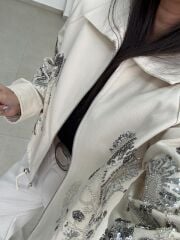 Nx 2789 Tasarım Pul Payet İşlemeli Denim Krem Ceket