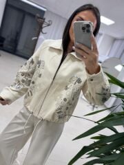 Nx 2789 Tasarım Pul Payet İşlemeli Denim Krem Ceket