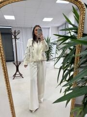 Nx 2789 Tasarım Pul Payet İşlemeli Denim Krem Ceket