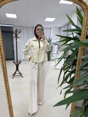 Nx 2789 Tasarım Pul Payet İşlemeli Denim Krem Ceket