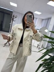 Nx 2789 Tasarım Pul Payet İşlemeli Denim Krem Ceket