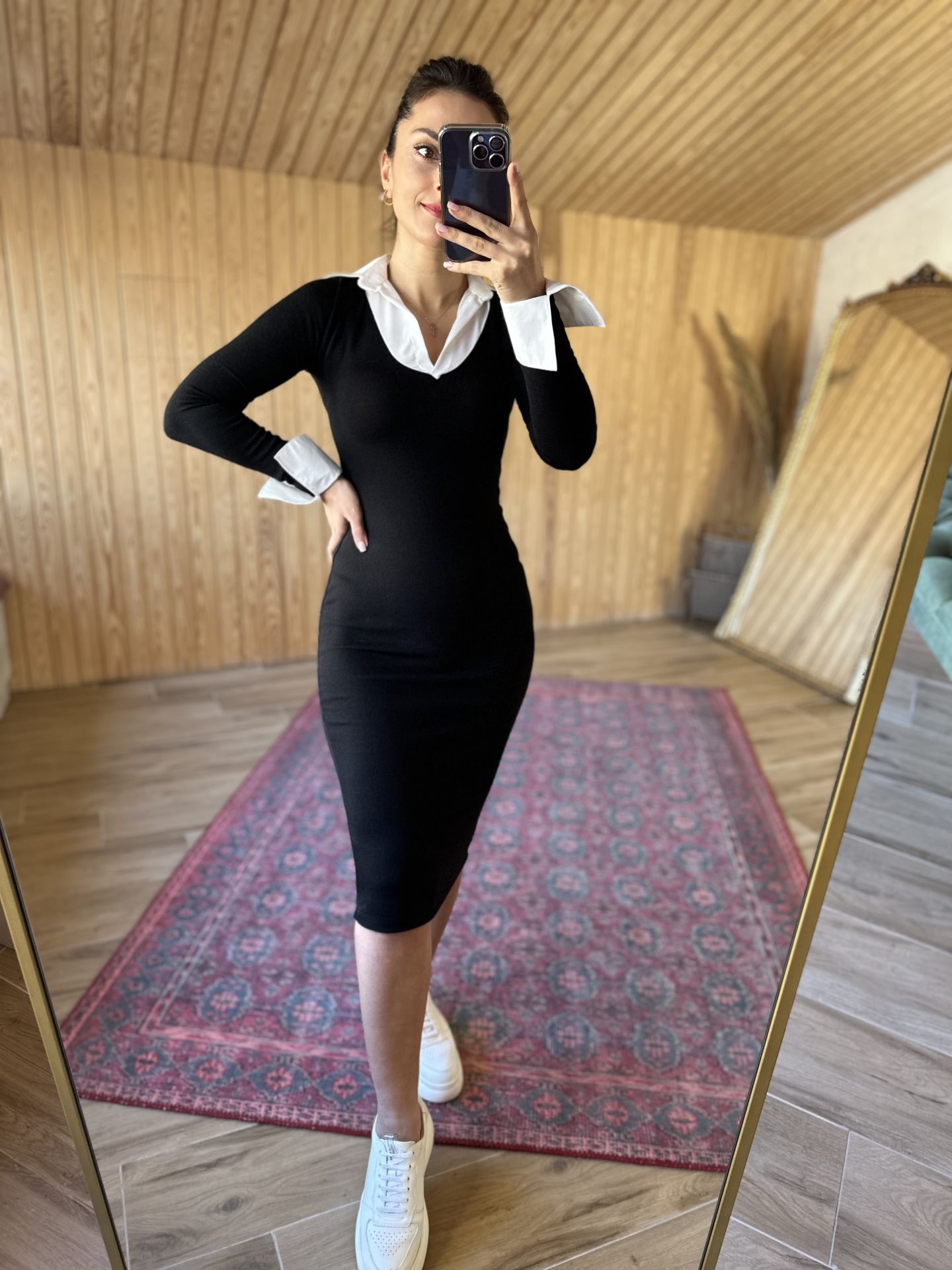 Gömlek detaylı siyah triko kalem elbise