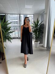 Cr 1617 Siyah Önden Büzgülü İp Askılı Elbise