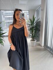 Cr 1617 Siyah Önden Büzgülü İp Askılı Elbise