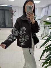 Nx 2789 Tasarım Pul Payet İşlemeli Denim Kahve Ceket