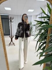 Nx 2789 Tasarım Pul Payet İşlemeli Denim Kahve Ceket