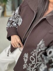 Nx 2789 Tasarım Pul Payet İşlemeli Denim Kahve Ceket