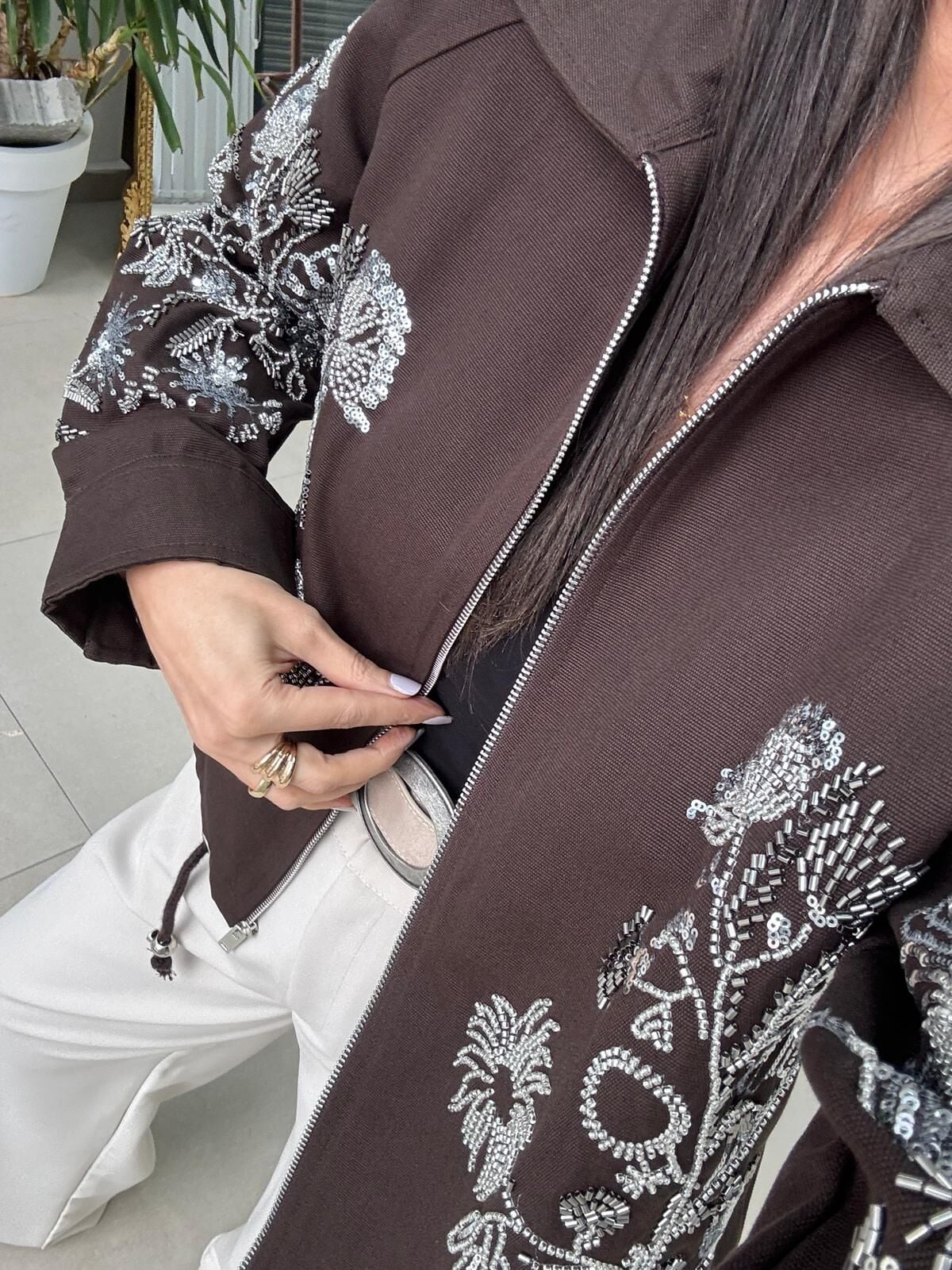 Nx 2789 Tasarım Pul Payet İşlemeli Denim Kahve Ceket