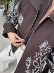 Nx 2789 Tasarım Pul Payet İşlemeli Denim Kahve Ceket