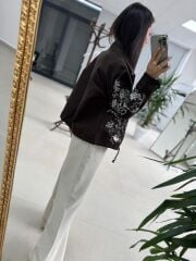 Nx 2789 Tasarım Pul Payet İşlemeli Denim Kahve Ceket