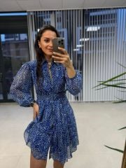 My 3010 Kemerli Saks Gömlek Şifon Elbise
