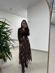 Mz 22786 Baklava Desenli Kahve - Bej Etek