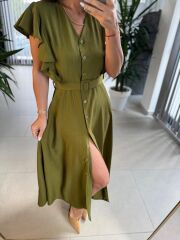 My 3739 Omuz Fırfırlı Fıstık Yeşili Krinkıl Kemerli Elbise