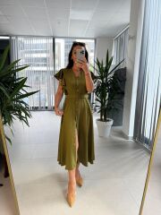 My 3739 Omuz Fırfırlı Fıstık Yeşili Krinkıl Kemerli Elbise