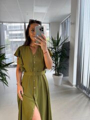 My 3739 Omuz Fırfırlı Fıstık Yeşili Krinkıl Kemerli Elbise