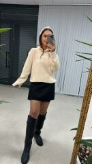 Krem Kapüşonlu Kazak