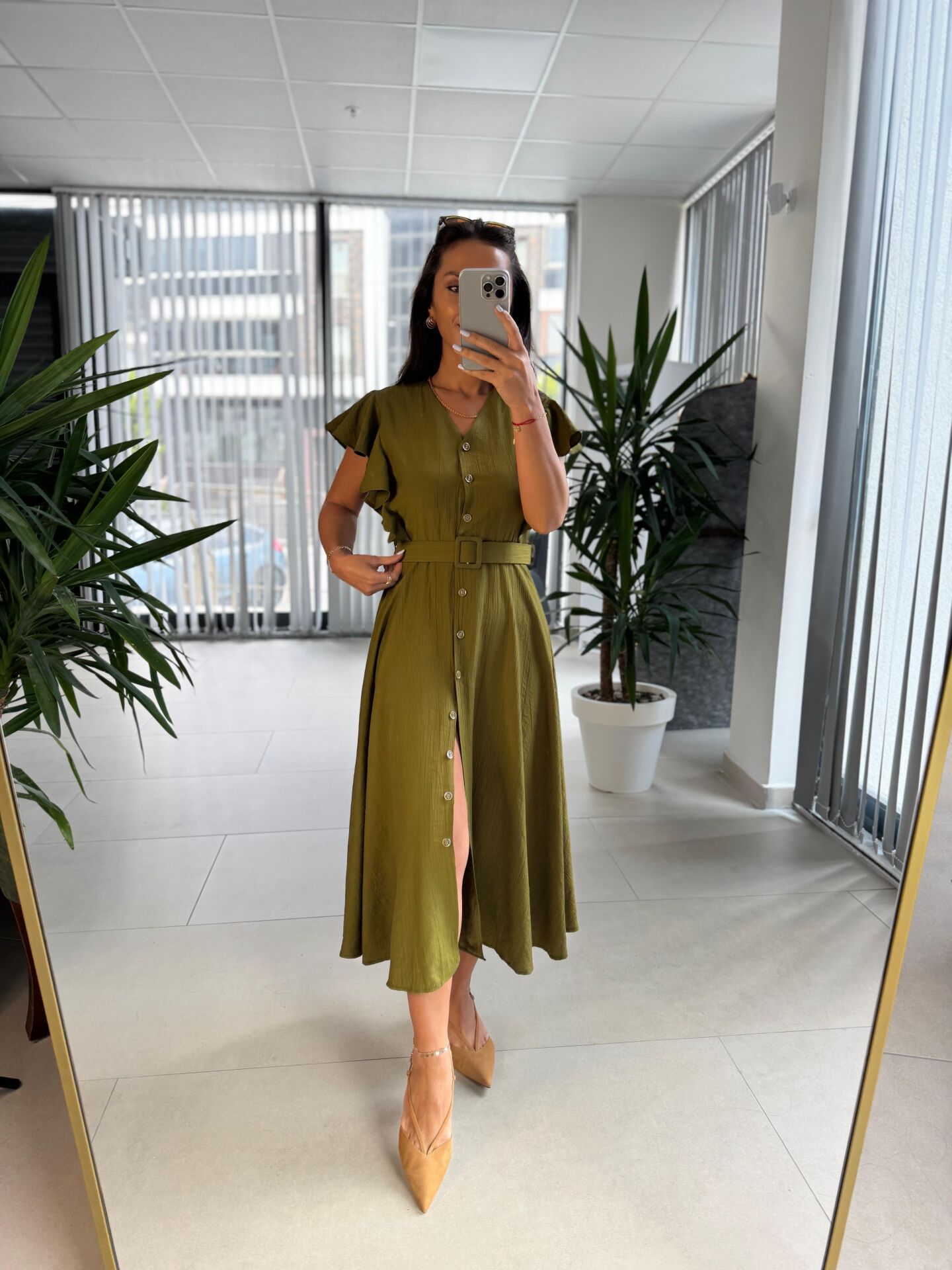 My 3739 Omuz Fırfırlı Fıstık Yeşili Krinkıl Kemerli Elbise