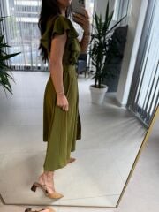 My 3739 Omuz Fırfırlı Fıstık Yeşili Krinkıl Kemerli Elbise