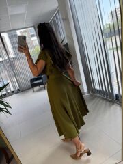 My 3739 Omuz Fırfırlı Fıstık Yeşili Krinkıl Kemerli Elbise