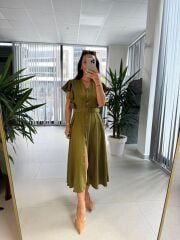 My 3739 Omuz Fırfırlı Fıstık Yeşili Krinkıl Kemerli Elbise