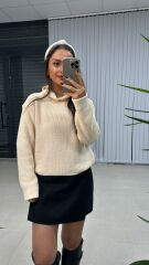 Krem Kapüşonlu Kazak