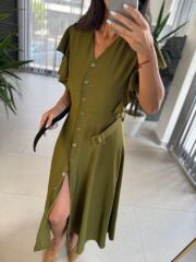 My 3739 Omuz Fırfırlı Fıstık Yeşili Krinkıl Kemerli Elbise