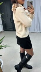 Krem Kapüşonlu Kazak