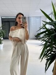 Kk 8123 Krem Büzgü Ayarlamalı Bluzlu Pantolon Takım