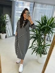 Dr 8056 Siyah-Beyaz Çizgili Sweat Elbise
