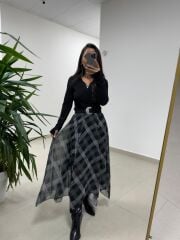 Mz 22786 Baklava Desenli Gri - Siyah Etek