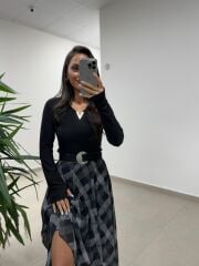 Mz 22786 Baklava Desenli Gri - Siyah Etek