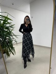 Mz 22786 Baklava Desenli Gri - Siyah Etek