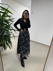 Mz 22786 Baklava Desenli Gri - Siyah Etek