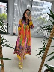 My 3456 Pembe Sarı Etnik Desen Elbise