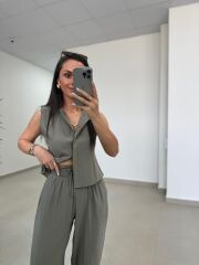 Fp 51192 Kolsuz Gizli Düğme Bluzlu Haki Takım