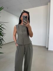 Fp 51192 Kolsuz Gizli Düğme Bluzlu Haki Takım