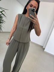 Fp 51192 Kolsuz Gizli Düğme Bluzlu Haki Takım