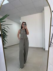 Fp 51192 Kolsuz Gizli Düğme Bluzlu Haki Takım