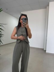 Fp 51192 Kolsuz Gizli Düğme Bluzlu Haki Takım