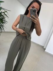 Fp 51192 Kolsuz Gizli Düğme Bluzlu Haki Takım