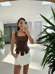 Kk 4251 Kahve Tasarım Etek Ucu Detaylı Korse Bluz