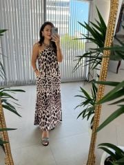 Ms Yaka Detaylı Leopar Elbise